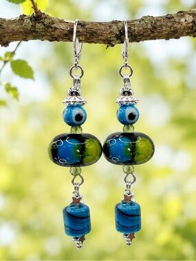 Art Glass & Crystal Blue and Green Beaded Earrings